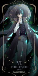 Rule 34 | 1boy, amon (lord of the mysteries), black eyes, black hair, black jacket, clock print, curly hair, f.l.c., finger to mouth, grey pants, hat, highres, jacket, looking at viewer, lord of the mysteries, male focus, monocle, numbered, pants, pocket watch, roman numeral, shirt, signature, smile, solo, star (symbol), tarot, tarot (medium), the lovers (tarot), vest, watch, white shirt, witch hat