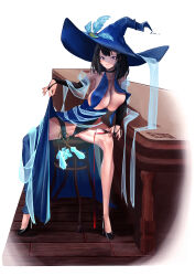 Rule 34 | 1girl, absurdres, armpits, bar stool, black choker, black footwear, black gloves, black hair, black leotard, blue dress, blue hat, breasts, brown dust 2, brown eyes, cameltoe, choker, closed mouth, clothes lift, cup, dress, dress lift, drinking glass, elbow gloves, eltair, full body, gloves, hair between eyes, hair ornament, hairclip, half-leotard, hat, hat feather, high heels, highres, holding, holding cup, large breasts, large hat, leaning on table, leotard, lifted by self, lipstick, looking at viewer, makeup, no bra, scheherazade (brown dust), short hair, signature, simple background, sitting, smile, solo, spilling, spread legs, stiletto heels, stool, table, thigh strap, wedgie, white background, wine glass, witch hat, wooden floor