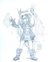 Rule 34 | 1girl, absurdres, armor, boots, chain, closed mouth, coffin, cross, feathered wings, feathers, gloves, greyscale, halo, highres, holding, hood, hood up, magic, mechanical, mechanical halo, mechanical wings, medium hair, monochrome, original, pauldrons, priest, shoulder armor, simple background, sketch, solo, standing, traditional media, white background, wings, zenes 9440