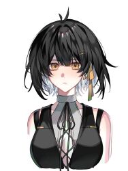 Rule 34 | 1girl, bare arms, bare shoulders, black hair, black ribbon, center-flap bangs, colored inner hair, cowlick, cropped torso, cross-laced clothes, cross-laced top, earrings, female rover (wuthering waves), grey hair, hair ribbon, halterneck, highres, jewelry, jiao shenme ming hao ne, looking at viewer, multicolored hair, neck ribbon, ribbon, rover (wuthering waves), short hair, simple background, single earring, solo, straight-on, triangle earrings, upper body, white background, wuthering waves, yellow eyes, yellow ribbon