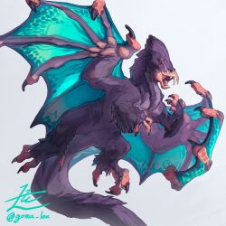 Rule 34 | animal focus, aqua eyes, blue background, blue wings, chimera, claws, commentary, english commentary, fangs, from side, full body, highres, looking ahead, monster, no humans, open mouth, original, signature, simple background, solo, tail, twitter username, wings, yamamura le
