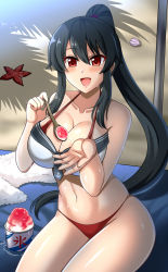 Rule 34 | 1girl, adapted costume, bikini, bikini bottom only, black hair, breasts, cleavage, food, highres, kantai collection, large breasts, long hair, looking at viewer, mismatched bikini, open mouth, ponytail, red bikini, red eyes, sand, scrunchie, shaved ice, sidelocks, sitting, smile, solo, spoon, starfish, swimsuit, the-sinner, towel, white towel, yahagi (kancolle)