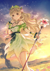 Rule 34 | 1girl, anbe yoshirou, atelier (series), atelier ayesha, ayesha altugle, bare legs, blonde hair, bow, brown eyes, cowboy shot, dress, flower, green bow, green dress, green headwear, hair flower, hair ornament, highres, holding, holding staff, long hair, looking at viewer, outdoors, shiny skin, smile, solo, staff, standing, tree, waist bow, wrist cuffs