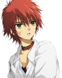 Rule 34 | 1boy, androgynous, bad id, bad pixiv id, collar, male focus, messy hair, miurakoriki, original, red hair, scar, simple background, solo, yellow eyes