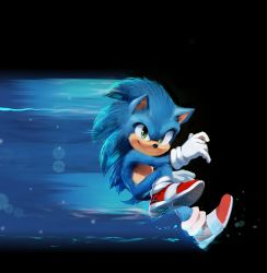 Rule 34 | 1boy, bad id, bad twitter id, black background, blue spine, commentary, full body, green eyes, looking at viewer, male focus, motion blur, nike (company), redesign, revision, running, shoes, smirk, sneakers, snout, solo, sonic (live action), sonic (series), sonic the hedgehog, sonic the hedgehog (film), tyson hesse