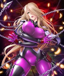 Rule 34 | 1girl, blonde hair, blush, bodysuit, breasts, chain, colored skin, crossed arms, curvy, elbow gloves, female focus, gloves, green eyes, highres, huge breasts, kunai, lilith-soft, long hair, looking at viewer, sano toshihide, shiny skin, smile, solo, taimanin (series), taimanin asagi, taimanin asagi kessen arena, tekkain kaworu (taimanin asagi battle arena), weapon, white skin