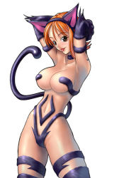 Rule 34 | 1girl, :p, animal ears, animal hands, armpits, arms behind back, arms up, black panties, blush, breasts, brown eyes, capcom, cat ears, cat tail, cosplay, crossover, felicia (cosplay), felicia (vampire), kagami hirotaka, large breasts, looking at viewer, nami (one piece), navel, one piece, orange hair, panties, revealing clothes, shoulder tattoo, simple background, solo, standing, tail, tattoo, thighhighs, thighs, tongue, tongue out, underwear, vampire (game), white background