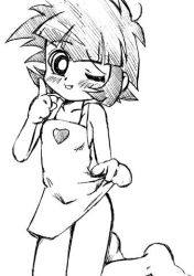Rule 34 | 00s, 1girl, apron, bare legs, barefoot, cartoon network, clothes lift, dot nose, female focus, finger to mouth, foot out of frame, greyscale, kneeling, lifting own clothes, looking at viewer, lowres, matsubara kaoru, monochrome, naked apron, one eye closed, powered buttercup, powerpuff girls, powerpuff girls z, shushing, simple background, sketch, solo, tareme, white background, wink