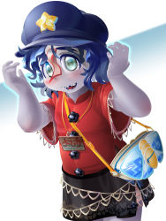 Rule 34 | 1girl, alternate eye color, arms up, bag, black skirt, blue hair, blue hat, blush, cabbie hat, chinese clothes, colored skin, commentary request, cowboy shot, dutch angle, floral print, green eyes, handbag, hat, hat ornament, highres, lace-trimmed sleeves, lace trim, looking at viewer, medium hair, miyako yoshika, ofuda, open mouth, purple skin, red shirt, shirt, short sleeves, skirt, smile, solo, star (symbol), star hat ornament, tangzhuang, touhou, wide sleeves, yukiman