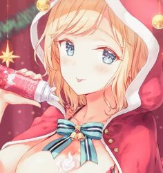 Rule 34 | 1girl, :p, bell, blonde hair, blurry, blush, bow, breasts, christmas, depth of field, fringe trim, green eyes, hiten (hitenkei), holding, jingle bell, large breasts, looking at viewer, short hair, tongue, tongue out