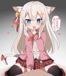 Rule 34 | :d, animal ears, bell, black legwear, blonde hair, blue eyes, blush, bow, cat ears, cat girl, cat tail, character request, choker, fish hair ornament, gradient background, hair bell, hair between eyes, hair ornament, hair ribbon, hand to own mouth, heart, heart-shaped pupils, highres, jacket, jingle bell, long hair, multicolored hair, open clothes, open jacket, open mouth, pink jacket, plaid, plaid skirt, red ribbon, red skirt, renoa yu, ribbon, shirt, simple background, skirt, sleeves past wrists, smile, speech bubble, straddling, straight hair, symbol-shaped pupils, tail, tail bow, tail ornament, thighhighs, white shirt