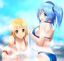 Rule 34 | 2girls, back, bent over, bikini, blonde hair, blue eyes, blue hair, breasts, commentary, cosmic break, crimrose, crimrose swm, english commentary, holding, holding towel, large breasts, lily rain, lily rain swm, liquid, long hair, looking at viewer, looking back, multiple girls, official art, open mouth, red eyes, smile, string bikini, swimsuit, towel, twintails, wakaba sprout