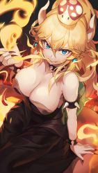 Rule 34 | 1girl, armlet, bare shoulders, black collar, black dress, blonde hair, blue eyes, bowsette, bracelet, breasts, cleavage, collar, crown, dress, fang, fire, horns, jewelry, large breasts, long hair, looking at viewer, mario (series), new super mario bros. u deluxe, nintendo, pointy ears, ponytail, solo, spiked armlet, spiked bracelet, spiked collar, spiked shell, spikes, super crown, teeth, turtle shell, upper body