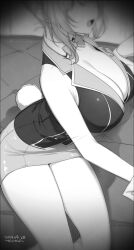 Rule 34 | 1girl, breasts, bunny garden, cleavage, collared vest, fake tail, greyscale, head out of frame, highres, hostess, kanya pyi, large breasts, miniskirt, monochrome, open mouth, rabbit tail, rin (bunny garden), skirt, smile, solo, tail, vest