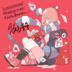 Rule 34 | 1girl, 2020, absurdres, backpack, bag, black socks, blush, book, bubble, chain, haru57928031, highres, holding, holding book, illustration.media, knees up, light brown hair, long sleeves, open book, original, pink footwear, red background, red bag, scarf, shoes, short hair, socks, solo, striped clothes, striped neckwear, striped scarf
