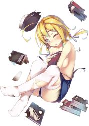 Rule 34 | 10s, 1girl, ;o, ahoge, blonde hair, blue eyes, book, covering breasts, covering privates, full body, hair ribbon, i-8 (kancolle), kantai collection, long hair, low twintails, official art, old school swimsuit, one-piece swimsuit, one eye closed, ribbon, school swimsuit, solo, swimsuit, syobonne, torn clothes, transparent background, twintails