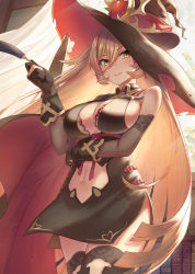Rule 34 | 1girl, absurdres, bare shoulders, black dress, black gloves, blonde hair, blush, book, bookshelf, breasts, cleavage, closed mouth, commentary, cowboy shot, curtains, dress, elbow gloves, fang, fang out, feathers, gloves, gohei (aoi yuugure), hair between eyes, hat, highres, holding, holding feather, indoors, large breasts, long hair, looking at viewer, navel, nijisanji, nui sociere, nui sociere (1st costume), open window, partially fingerless gloves, sideboob, skin fang, solo, very long hair, virtual youtuber, window, witch, witch hat, yellow eyes
