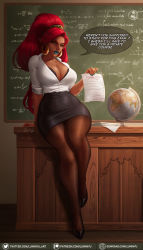 Rule 34 | 1girl, black bra, black footwear, black skirt, blue lips, bra, breasts, brown pantyhose, chalkboard, cleavage, collarbone, commentary, contemporary, curvy, dark-skinned female, dark skin, desk, earrings, english commentary, english text, eyeshadow, forehead, full body, gerudo, globe, green eyes, green nails, high heels, high ponytail, highres, holding, holding paper, hoop earrings, jewelry, lace, lace bra, large breasts, lingerie, lipstick, long hair, long nose, looking at viewer, luminyu, makeup, mascara, nail polish, narrow waist, nintendo, on desk, pantyhose, paper, partially unbuttoned, pencil skirt, pointy ears, pumps, pun, red hair, signature, sitting, on desk, skirt, solo, speech bubble, teacher, the legend of zelda, the legend of zelda: breath of the wild, thick thighs, thighs, unbuttoned, unbuttoned shirt, underwear, urbosa, watermark, web address, wide hips, you gonna get raped