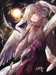 Rule 34 | 1girl, ahoge, alternate costume, angel wings, bow, braid, commission, feathers, french braid, hair between eyes, hair ornament, hair over eyes, hisona (suaritesumi), japanese clothes, jewelry, kishin sagume, looking at viewer, magatama, magatama necklace, necklace, obi, open mouth, red eyes, ribbon, sash, single wing, solo, touhou, white hair, wide sleeves, wings