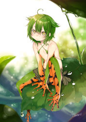Rule 34 | 1girl, :3, absurdres, ahoge, artist name, bad id, bad pixiv id, bare shoulders, breasts, dancho (dancyo), flat chest, frog girl, green hair, hair between eyes, highres, leaf, looking at viewer, original, short hair, sitting, slit pupils, solo, torn clothes, water, water drop, wet, yellow eyes