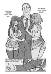 Rule 34 | 1boy, 2girls, age difference, ass grab, blush, breasts, bulge, clothes lift, crotch grab, english text, erection, formal, hand on another&#039;s hip, heart, hibike! euphonium, highres, karmaniac, kousaka reina, large breasts, monochrome, multiple girls, older man and younger girl, oumae kumiko, panties, school uniform, skirt, skirt lift, smile, suit, underwear