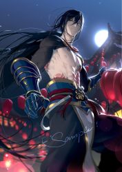 Rule 34 | 1boy, abs, architecture, arm wrap, bishounen, black hair, black pants, blurry, blurry background, chest tattoo, closed mouth, east asian architecture, fate/grand order, fate (series), feet out of frame, full moon, gauntlets, green eyes, hair between eyes, highres, lantern, long hair, looking at viewer, low ponytail, male focus, moon, night, outdoors, pagoda, pants, paper lantern, pectorals, ponytail, red neckwear, rrr (reason), sample watermark, solo, standing, tattoo, toned, toned male, topless male, very long hair, watermark, yan qing (fate)
