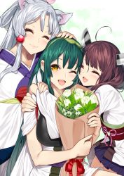 Rule 34 | 3girls, :3, :d, ;d, ^ ^, absurdres, ahoge, animal ear fluff, animal ears, bouquet, brown hair, closed eyes, closed mouth, eyebrows hidden by hair, flower, fox ears, girl sandwich, green hair, hair ornament, hand on another&#039;s head, headgear, highres, holding, holding bouquet, hug, japanese clothes, kimono, long hair, multiple girls, muneate, obi, one eye closed, open mouth, orange eyes, rose, sandwiched, sash, short sleeves, silver hair, smile, tasuki, touhoku itako, touhoku kiritan, touhoku zunko, twintails, voiceroid, white flower, white kimono, white rose, yappen