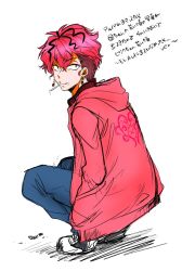 Rule 34 | 1boy, bad id, bad pixiv id, character request, cigarette, denim, earrings, hood, hood down, hoodie, jeans, jewelry, marimo (yousei ranbu), pants, pink eyes, pink hair, shoes, sneakers, solo, squatting, translation request