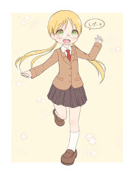 Rule 34 | 1girl, :d, blazer, blonde hair, blush, brown footwear, brown jacket, collared shirt, flower, full body, glasses, green eyes, hand up, highres, jacket, kneehighs, lapels, loafers, long hair, long sleeves, looking at viewer, low twintails, made in abyss, miniskirt, necktie, open mouth, outstretched arm, parted bangs, pleated skirt, red necktie, riko (made in abyss), school uniform, shirt, shoes, skirt, smile, socks, solo, speech bubble, standing, standing on one leg, translation request, twintails, very long hair, white shirt, white socks, wing collar, yutuka01