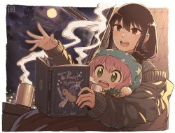Rule 34 | 2girls, anya (spy x family), black hair, blush, breasts, child, fumato, green eyes, highres, jacket, long hair, long sleeves, moon, mother and daughter, multiple girls, night, night sky, open mouth, pink hair, reading, red eyes, short hair, sidelocks, sky, smile, spy x family, window, yor briar