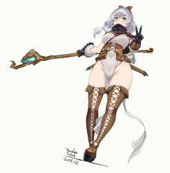 Rule 34 | 1girl, blue eyes, blush, boots, breasts, covered navel, dated, drape, gauntlets, groin, highres, holding, holding staff, large breasts, long hair, looking at viewer, mole, mole under eye, original, pandea work, pouch, sheath, sheathed, solo, staff, sword, the elder scrolls, the elder scrolls v: skyrim, thigh boots, thighhighs, w, weapon, white hair