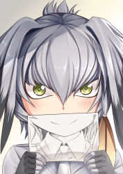 Rule 34 | 10s, 1girl, black gloves, brown hair, covering own mouth, dot nose, drawing, fingerless gloves, gloves, green eyes, grey hair, grey necktie, grey shirt, hair between eyes, head wings, highres, kemono friends, looking at viewer, low ponytail, multicolored hair, necktie, paper, portrait, shirt, shoebill (kemono friends), side ponytail, smile, solo, wings, yasume yukito