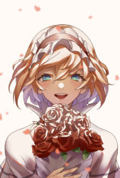 Rule 34 | 1girl, :d, alice margatroid, aqua eyes, blonde hair, blush, bouquet, capelet, eredhen, eyelashes, flower, frills, hair ribbon, happy, highres, holding, holding bouquet, looking at viewer, motion blur, open mouth, petals, pink lips, portrait, red flower, red rose, ribbon, rose, shade, short hair, simple background, smile, solo, touhou