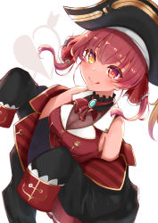 1girl, :q, absurdres, ascot, bangs, bicorne, black choker, black coat, black headwear, blush, bodystocking, breasts, brooch, choker, coat, cropped jacket, epaulettes, frilled choker, frills, gold trim, hair ribbon, hat, heterochromia, highres, hololive, houshou marine, jacket, jewelry, kohe billialot, leotard, long hair, looking at viewer, medium breasts, miniskirt, off shoulder, pirate, pleated skirt, red eyes, red hair, red jacket, red neckwear, red ribbon, red skirt, ribbon, see-through, sheer leotard, skirt, sleeveless, sleeveless jacket, sleeves past fingers, sleeves past wrists, smile, solo, tongue, tongue out, twintails, virtual youtuber, yellow eyes