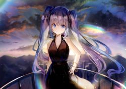 Rule 34 | 1girl, absurdres, black dress, blue eyes, blue hair, bracelet, closed mouth, cloud, collarbone, dress, floating hair, hair between eyes, hand on own hip, hatsune miku, highres, jewelry, long hair, looking at viewer, outdoors, rei (farta litia), sleeveless, sleeveless dress, smile, solo, standing, twintails, very long hair, vocaloid