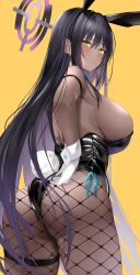 Rule 34 | 1girl, absurdres, animal ears, arm strap, ass, bare shoulders, black hair, black hairband, black leotard, blue archive, blush, breasts, closed mouth, commentary request, fake animal ears, fake tail, fishnet pantyhose, fishnets, from behind, g3 (bitgiii), gloves, gradient hair, hairband, halo, highres, karin (blue archive), karin (bunny) (blue archive), large breasts, leotard, looking at viewer, looking back, multicolored hair, official alternate costume, pantyhose, partial commentary, playboy bunny, purple hair, rabbit ears, rabbit tail, sideboob, simple background, solo, tail, white gloves, yellow background, yellow eyes