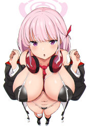 Rule 34 | 1girl, bare shoulders, between breasts, bikini, black bikini, black footwear, black jacket, blue archive, breasts, collarbone, commentary, dot nose, eimi (blue archive), from above, full body, groin, halo, hands up, headphones, headphones around neck, highres, huge breasts, jacket, long hair, looking at viewer, m mance, navel, necktie, necktie between breasts, open clothes, open jacket, pink hair, purple eyes, red necktie, shiny skin, simple background, solo, standing, string bikini, swimsuit, thighs, zipper, zipper pull tab