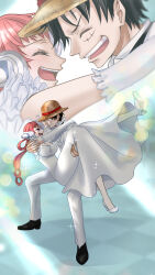 Rule 34 | 1boy, 1girl, alternate costume, black hair, blush, carrying, closed eyes, dress, facial scar, formal, full body, hair rings, hat, headphones, highres, long hair, looking at another, monkey d. luffy, multicolored hair, one piece, one piece film: red, open mouth, princess carry, purple eyes, red hair, scar, scar on cheek, scar on face, short hair, smile, straw hat, suit, tacchin ichi-gou, teeth, two-tone hair, uta (one piece), wedding dress, white hair
