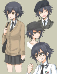 Rule 34 | 10s, 1girl, :o, adapted uniform, anzio military uniform, anzio school uniform, bag, baseball cap, beret, bespectacled, black-framed eyewear, black hair, black hat, braid, brown background, brown eyes, brown sweater, cardigan, casual, clenched hand, closed eyes, closed mouth, commentary, dress shirt, emblem, frown, girls und panzer, glasses, grey jacket, grin, hat, jacket, long sleeves, looking at viewer, military, military uniform, miniskirt, multiple views, mutsu (layergreen), open mouth, pepperoni (girls und panzer), pleated skirt, school bag, school uniform, shirt, short hair, side braid, simple background, skirt, smile, sweater, uniform, white shirt, wing collar, winter uniform