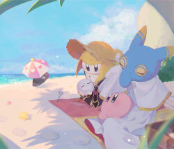 Rule 34 | 3girls, :o, alternate headwear, beach, beach towel, big nose, black robe, black wrist cuffs, blonde hair, blue eyes, blue skin, blue sky, blue trim, blunt bangs, blunt ends, bow, capelet, closed eyes, cloud, colored sclera, colored skin, commentary request, covered mouth, day, disembodied hand, flamberge (kirby), francisca (kirby), from behind, hand on own cheek, hand on own face, hat, hat bow, heart, heart print, highres, holding, holding umbrella, hyness, kananishi, kirby, kirby (series), light blush, long sleeves, looking at another, looking up, multiple girls, neck ribbon, nintendo, no headwear, ocean, outdoors, parted lips, picnic basket, pink skin, pink umbrella, rayman limbs, red robe, red trim, ribbon, ringed eyes, robe, shade, short hair, sitting, sitting on lap, sitting on person, sky, sleeves past fingers, sleeves past wrists, star (symbol), straw hat, sun hat, towel, two-sided robe, two-tone umbrella, umbrella, void soul, void termina, white bow, white capelet, white ribbon, white robe, white sleeves, white umbrella, wrist cuffs, yellow headwear, yellow sclera, yellow trim, zan partizanne