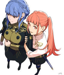 Rule 34 | 2girls, arm hug, black dress, black footwear, black skirt, blue hair, blunt bangs, boots, braid, breasts, brown eyes, buttons, closed mouth, crown braid, double-breasted, dress, expressionless, female focus, fire emblem, fire emblem: three houses, from above, full body, garreg mach monastery uniform, gold trim, high-waist skirt, highres, hilda valentine goneril, light blue hair, long hair, looking at viewer, looking away, looking to the side, marianne von edmund, matching hair/eyes, medium breasts, medium hair, multiple girls, neckerchief, nintendo, pantyhose, parted lips, pink eyes, pink hair, scabbard, sheath, sheathed, shirt, shirt tucked in, shishima eichi, sidelocks, signature, simple background, skirt, sleeves rolled up, smile, standing, sword, thighhighs, twintails, weapon, white background, white neckerchief, white shirt