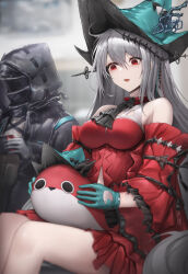 Rule 34 | 1girl, 1other, absurdres, arknights, bare shoulders, black gloves, black jacket, blue gloves, blue headwear, blurry, blurry background, breasts, commentary request, depth of field, detached sleeves, doctor (arknights), dress, feet out of frame, frilled sleeves, frills, gloves, grey hair, hair between eyes, hat, highres, holding, hood, hood up, hooded jacket, jacket, long hair, long sleeves, medium breasts, nintendo switch, onedr, red dress, red eyes, red sleeves, sacabambaspis, sitting, skadi (arknights), skadi the corrupting heart (arknights), sleeveless, sleeveless dress, solo focus, very long hair, wide sleeves