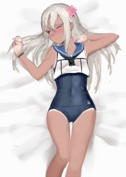 Rule 34 | 10s, 1girl, bad id, bad pixiv id, blue eyes, blush, commentary request, covered navel, crop top, flower, fujibejifu, hair flower, hair ornament, kantai collection, lying, on back, one-piece tan, one eye closed, ro-500 (kancolle), sailor collar, school swimsuit, sketch, solo, swimsuit, swimsuit under clothes, tan, tanline