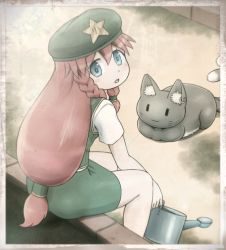 Rule 34 | 1girl, :3, adapted costume, beret, blue eyes, braid, brick, chen, chen (cat), commentary request, earrings, from behind, green hat, green vest, hat, hong meiling, jewelry, long hair, looking at another, looking at viewer, looking back, miniskirt, nekomata, open mouth, outdoors, puff of air, red hair, sepia, shirosato, shirt, short sleeves, sitting, skirt, skirt set, solo, taut clothes, touhou, twin braids, very long hair, vest, watering can, white shirt, | |