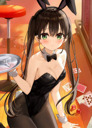 Rule 34 | 1girl, animal ears, bar stool, bare arms, bare shoulders, black bow, black bowtie, black leotard, black pantyhose, bow, bowtie, breasts, card, closed mouth, collar, commentary, detached collar, dice, fake animal ears, fake tail, frown, fuumi (radial engine), glass, green eyes, hair between eyes, hand up, highleg, highleg leotard, holding, holding tray, indoors, kneeling, leotard, long hair, looking at viewer, medium breasts, original, pantyhose, playboy bunny, playing card, rabbit tail, raised eyebrows, sidelocks, solo, spill, stool, strapless, strapless leotard, tail, tray, twintails, white collar, wooden floor, wrist cuffs