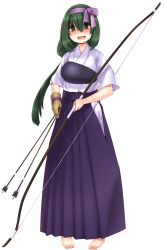 Rule 34 | 1girl, :d, absurdres, archery, arrow (projectile), bags under eyes, barefoot, blush, bow (weapon), brown gloves, esoragoto, full body, gloves, green eyes, green hair, hair ribbon, hakama, hakama skirt, highres, hip vent, japanese clothes, kyuudou, long hair, looking at viewer, matching hair/eyes, muneate, open mouth, original, partially fingerless gloves, partly fingerless gloves, ribbon, shaded face, simple background, single glove, skirt, smile, solo, weapon, white background, yugake, yumi (bow)