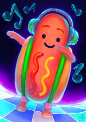 Rule 34 | 1other, smile, absurdres, artist name, beamed eighth notes, checkered floor, closed mouth, commentary, dancing, dancing hot dog (snapchat), dutch angle, eighth note, english commentary, full body, glowing, gradient background, headphones, highres, looking at viewer, musical note, quarter note, raised eyebrows, ry-spirit, signature, simple background, smile, snapchat, solo, standing, tile floor, tiles