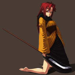 Rule 34 | barefoot, kneeling, long hair, niwa zen, original, polearm, red hair, solo, weapon