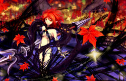 Rule 34 | 10s, 1girl, autumn, dragon nest, highres, leaf, maoh yueer, red eyes, red hair, short hair, weapon