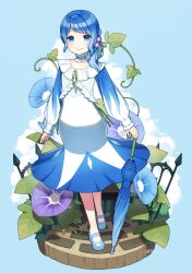 Rule 34 | 1girl, aona (noraneko), blue background, blue dress, blue eyes, blue flower, blue footwear, blue hair, blue umbrella, choker, closed umbrella, cloud, dress, faux figurine, fence, floral dress, flower, frilled choker, frilled dress, frills, full body, green ribbon, hair flower, hair ornament, hair over shoulder, highres, hobble dress, holding, holding umbrella, leaf, long sleeves, looking at viewer, low ponytail, mary janes, morning glory, original, pavement, personification, plant, purple flower, ribbon, shoes, simple background, solo, standing, star (symbol), star choker, swept bangs, two-tone dress, umbrella, vines, white dress
